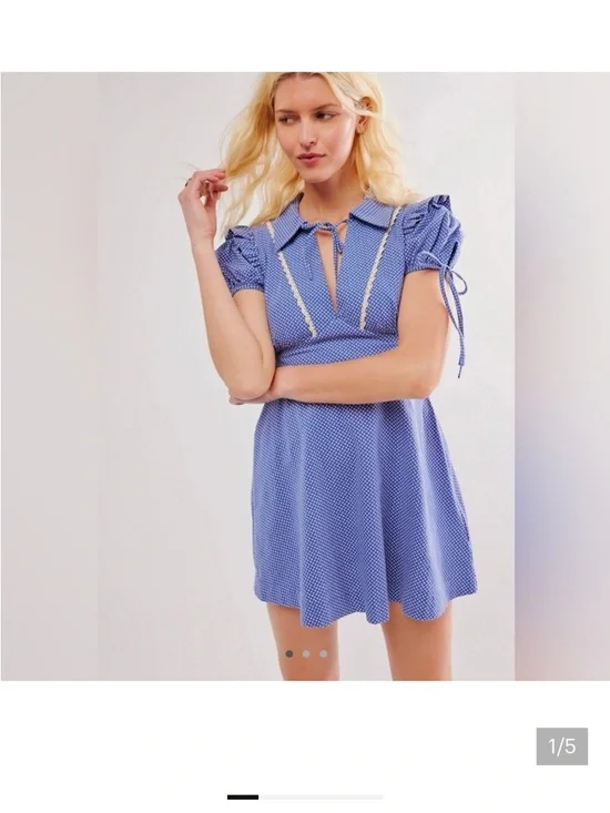 Free People Blue Polka Dot Puff Sleeve Mini Dress - Picture 1 of 8